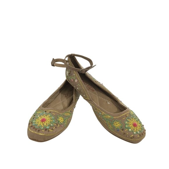 Two lips Spinner Women size 7.5 Tan Embroidered Floral Ankle Strap Flats shoes - Picture 1 of 8